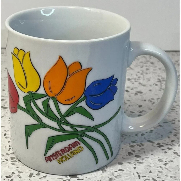 Vintage Amsterdam Holland Souvenir Ceramic Coffee Mug w/ Rainbow Tulips - Picture 1 of 5